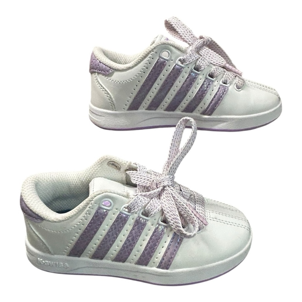 Toddler Girls K-SWISS White Leather Purple Glitter Stripe Sneakers kids Size 11 - Picture 9 of 12